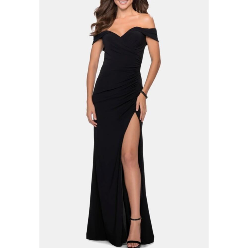 La Femme Off the Shoulder Fully Ruched Floor Length Gown
